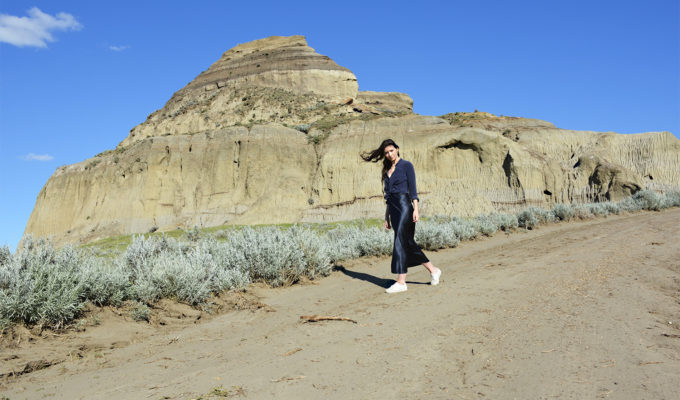 Navy Satin Dress and Silk Equipment Blouse | Exploring Southern Saskatchewan | Nomade & Mode | Instagram @nomadeandmode
