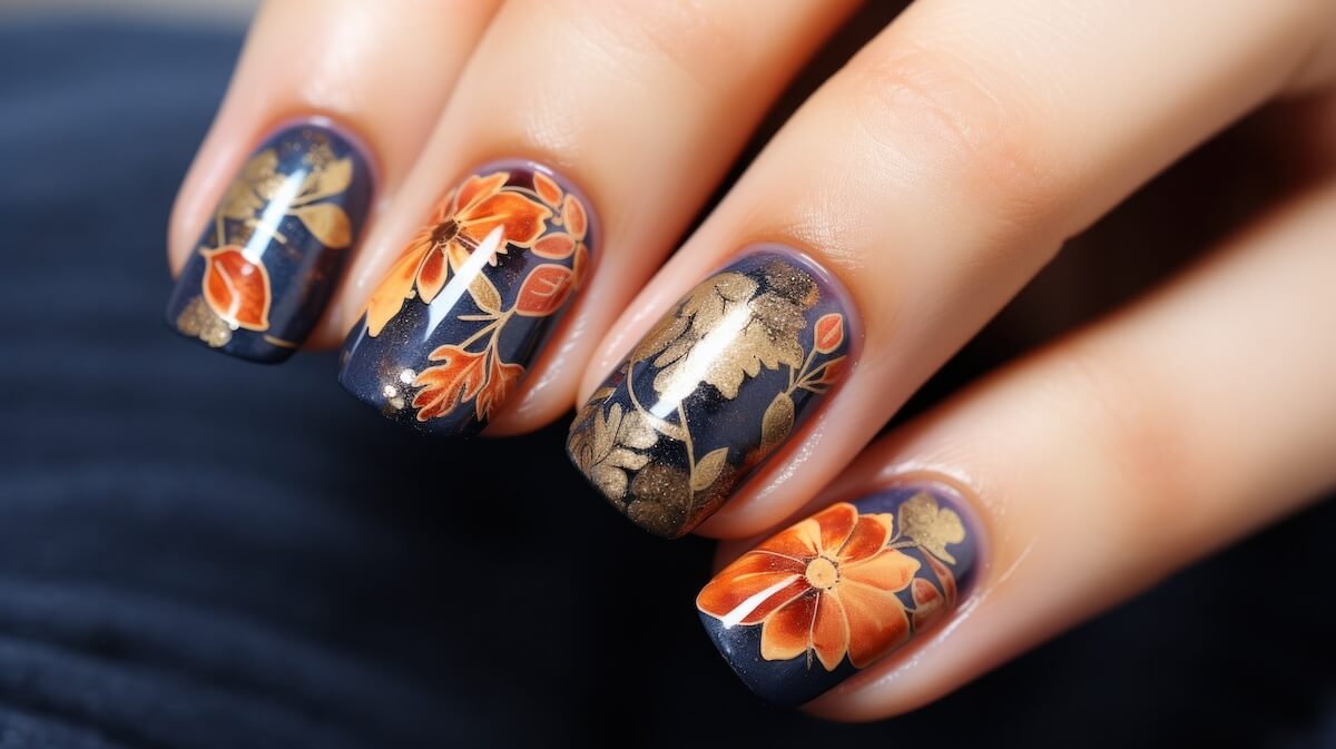 Navy & Orange Fall Nails | Nomade & Mode